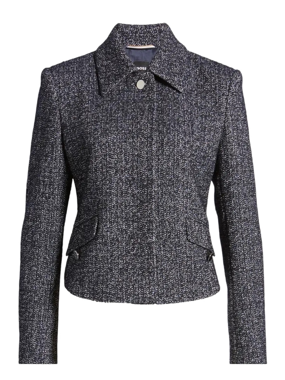 BOSS Jaxson Tweed Jacket Navy Cropped Tweed Blazer, Size 16